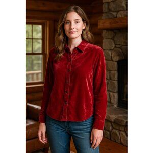J. Jill Red Velvet Button-Up Shirt | Rayon Silk Blend | Holiday Luxe Boho Top |